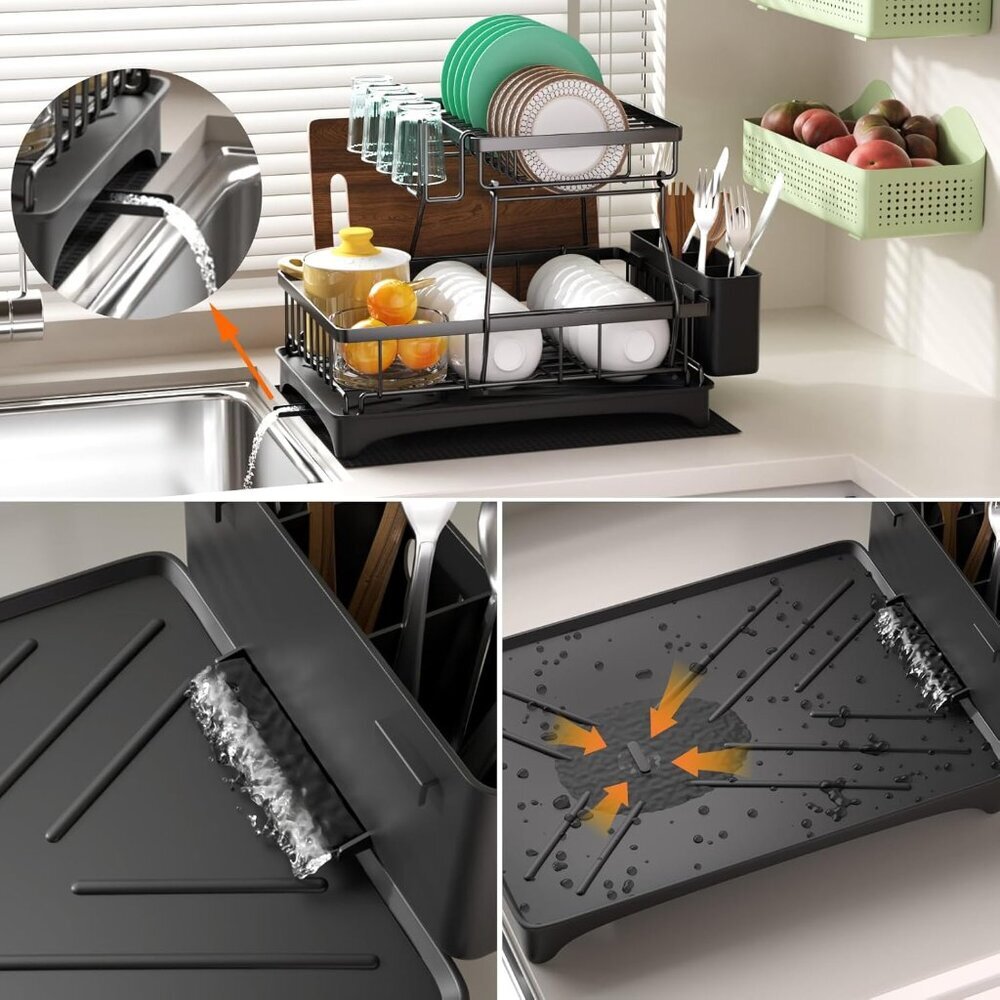 Dish Drying Rack, 2-Tier Dish Rack with Auto-Drain & Mat, Dish Racks for Kitchen - Picture 6 of 7